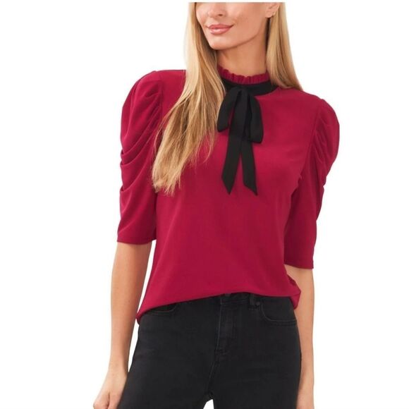 COPY - CECE TIE NECK PUFF SLEEVE KNIT TOP - Picture 1 of 3